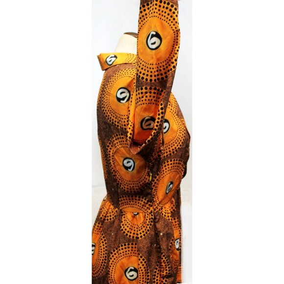 Retro Brown Orange V Neck Dress Long Sleeves Women L Dot Pattern 70s Mod Inspire - Picture 7 of 11